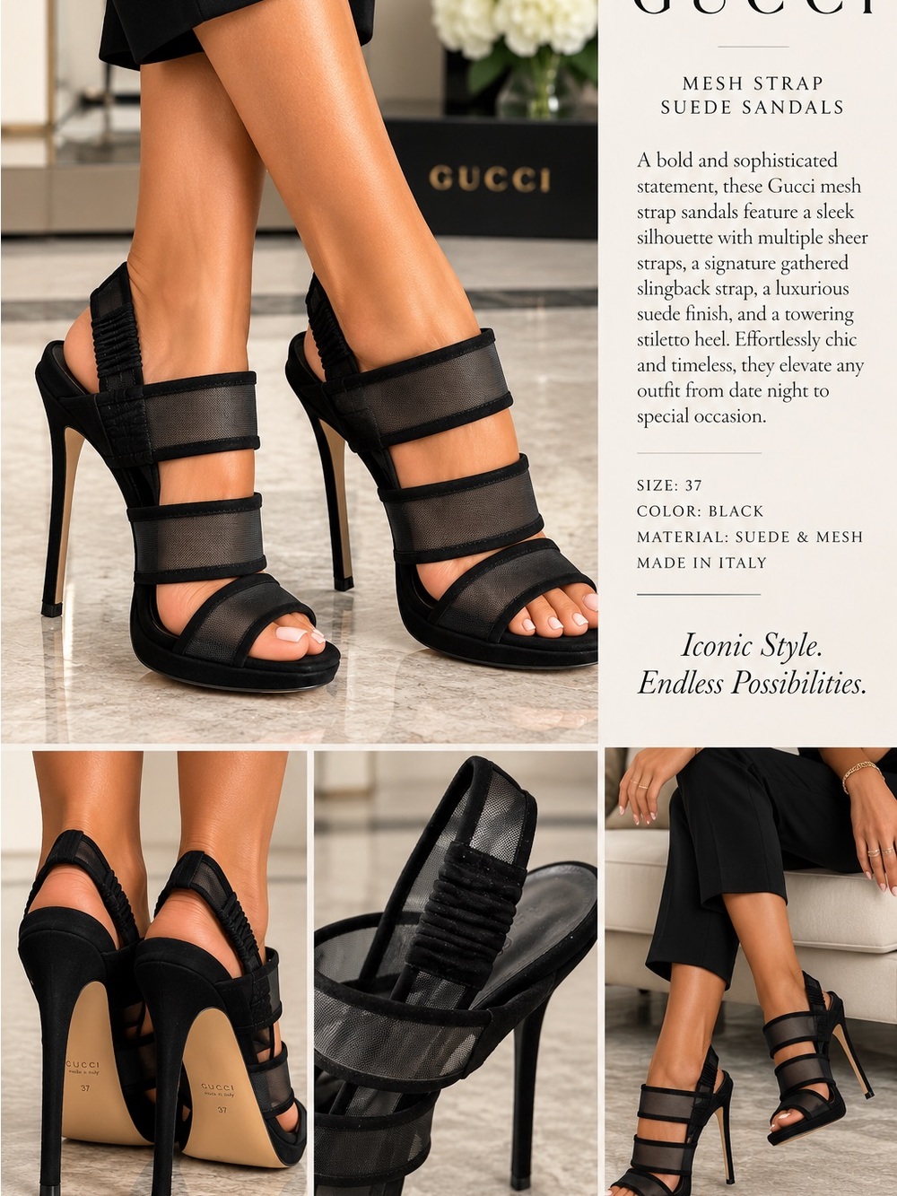 Gucci Black Mesh & Suede Strappy Stiletto Heels like new!